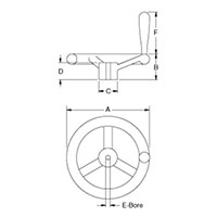 <!-Offset Cast Iron Handwheels with or with no Revolving Handle Line Drawing->